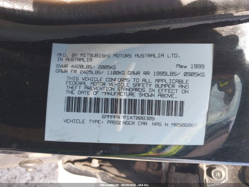 1999 Mitsubishi Diamante VIN: 6MMAP47P1XT008309 Lot: 42468748