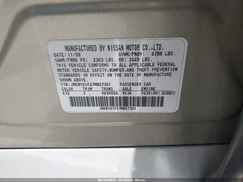 2007 INFINITI G35X VIN: JNKBV61F27M807301