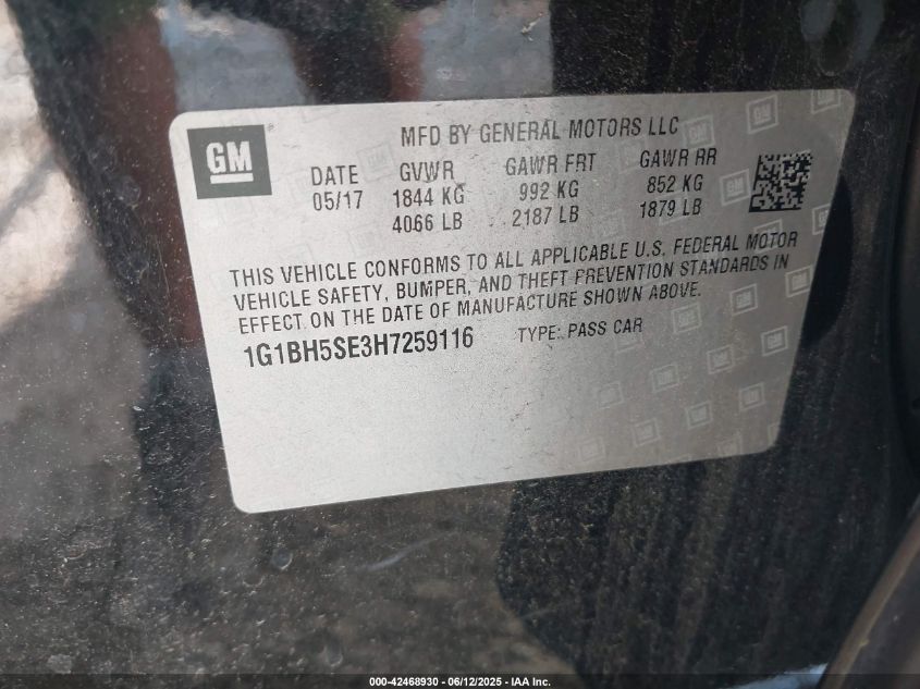 2017 Chevrolet Cruze Lt Auto VIN: 1G1BH5SE3H7259116 Lot: 42468930