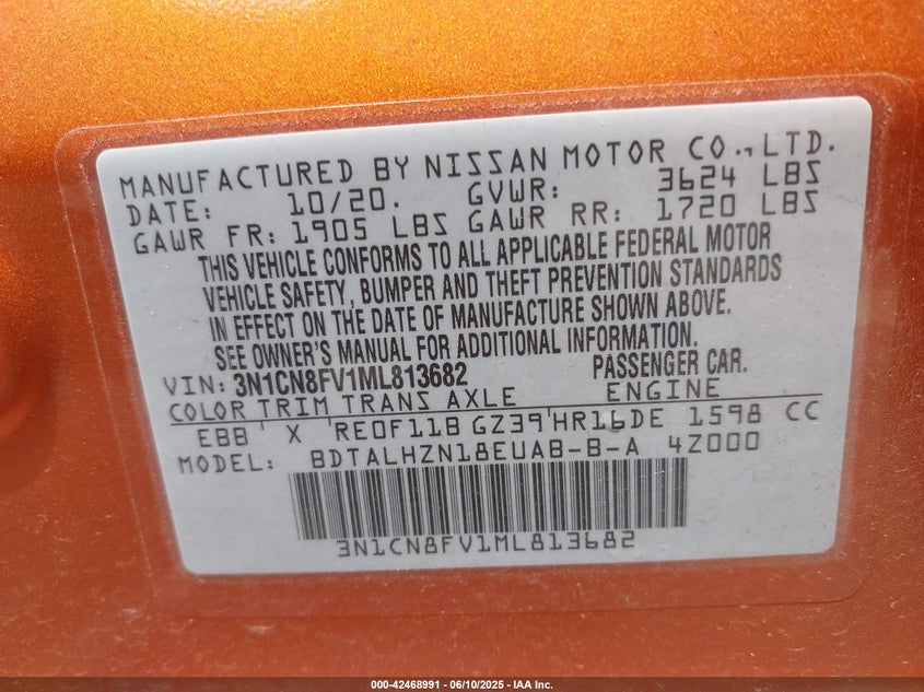 2021 NISSAN VERSA SR XTRONIC CVT - 3N1CN8FV1ML813682