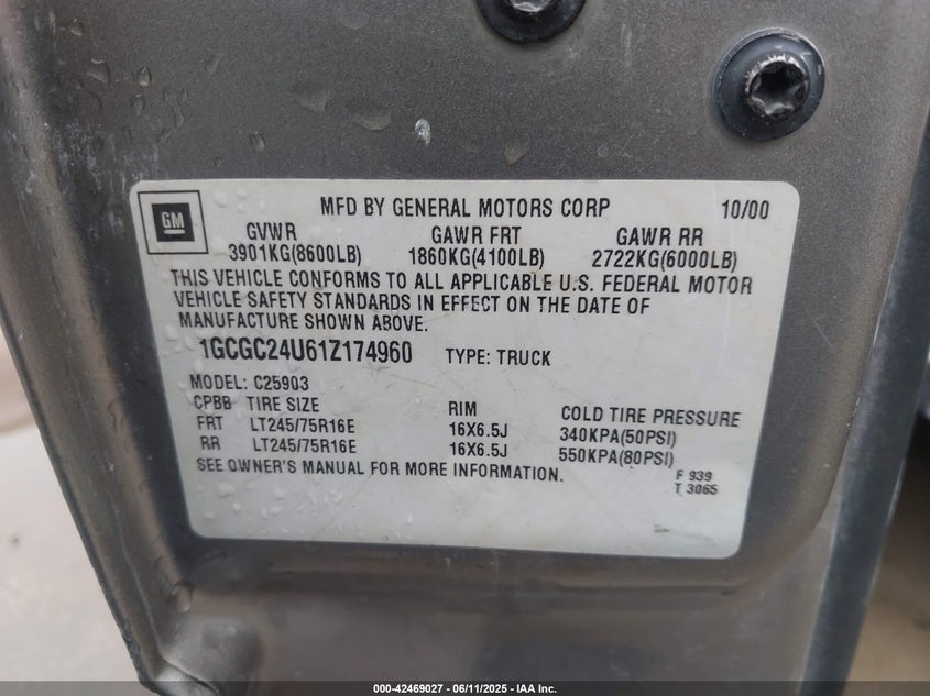 2001 Chevrolet Silverado 2500 Ls VIN: 1GCGC24U61Z174960 Lot: 42469027