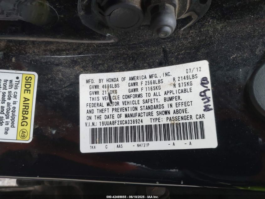 2012 Acura Tl 3.5 VIN: 19UUA8F2XCA38924 Lot: 42469055