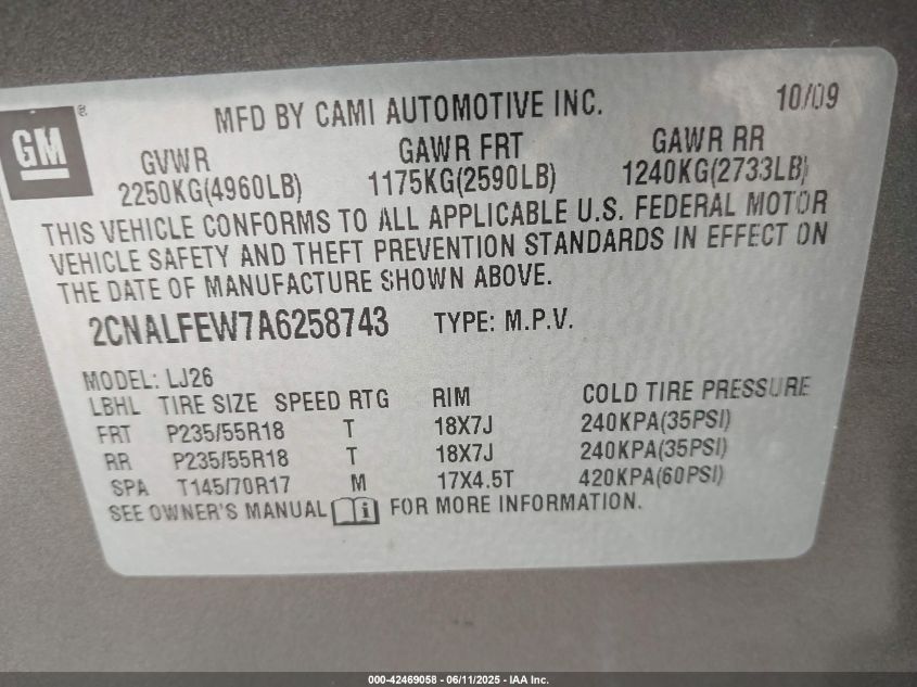 2010 Chevrolet Equinox Ltz VIN: 2CNALFEW7A6258743 Lot: 42469058