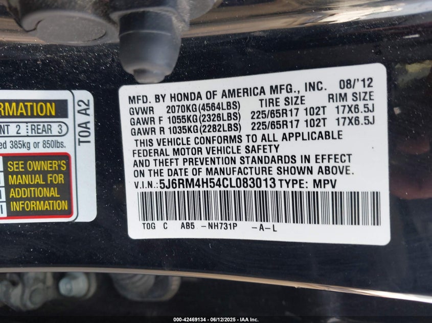 2012 HONDA CR-V VIN: 5J6RM4H54CL083013