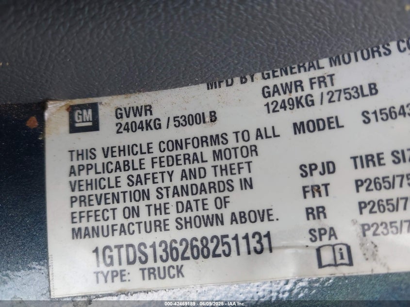 2006 GMC CANYON VIN: 1GTDS136268251131