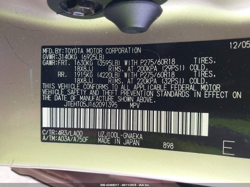 2006 TOYOTA LAND CRUISER VIN: JTEHT05J162091395