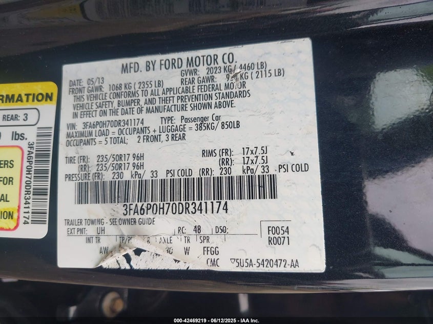 2013 FORD FUSION VIN: 3FA6P0H70DR341174