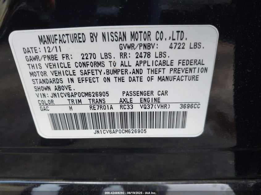 2012 INFINITI G37 VIN: JN1CV6AP0CM626905