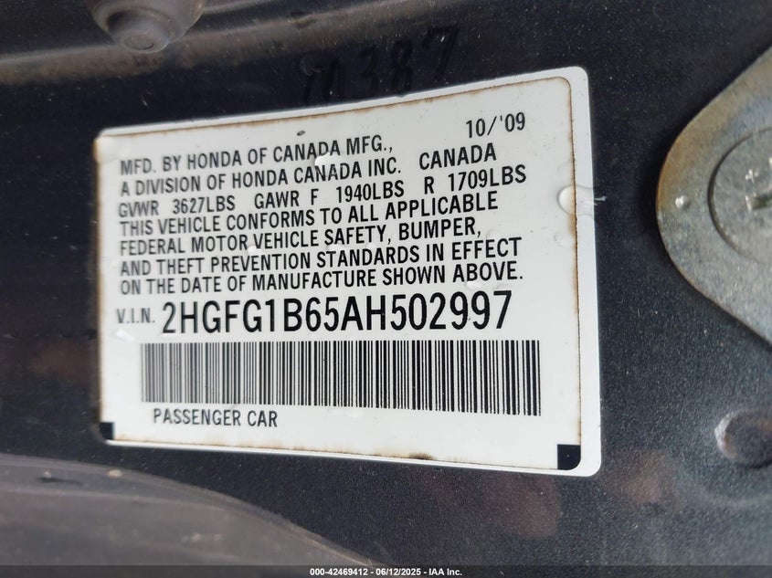 2010 HONDA CIVIC VIN: 2HGFG1B65AH502997