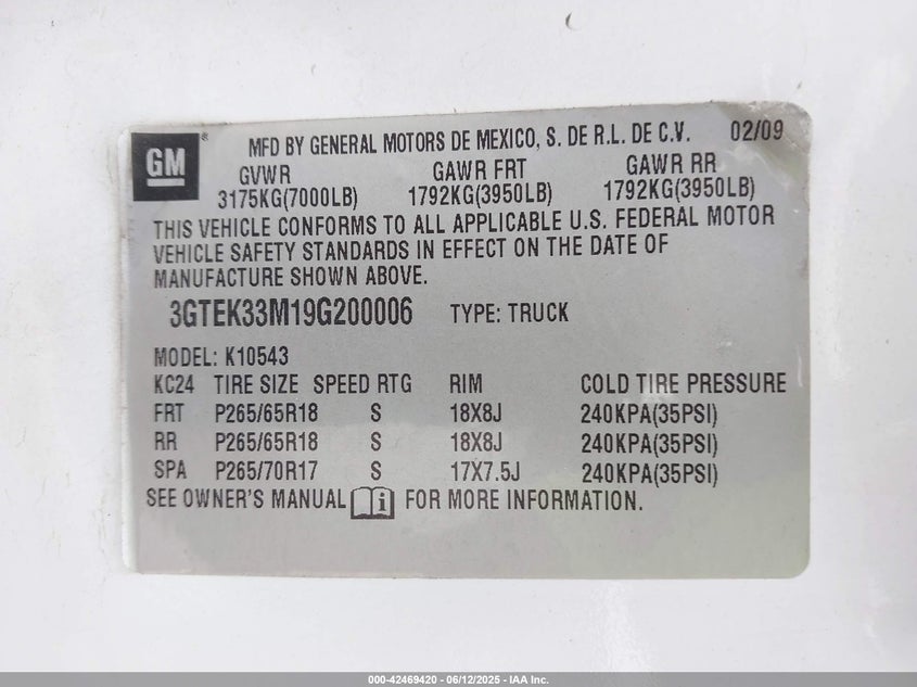 2009 GMC SIERRA 1500 VIN: 3GTEK33M19G200006