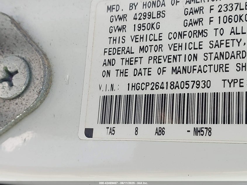 2008 Honda Accord VIN: 1HGC026418A057930 Lot: 42469467