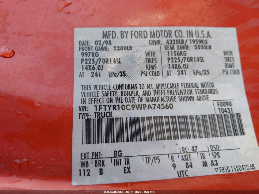 1998 Ford Ranger Splash/Xl/Xlt VIN: 1FTYR10C9WPA74560 Lot: 42469658