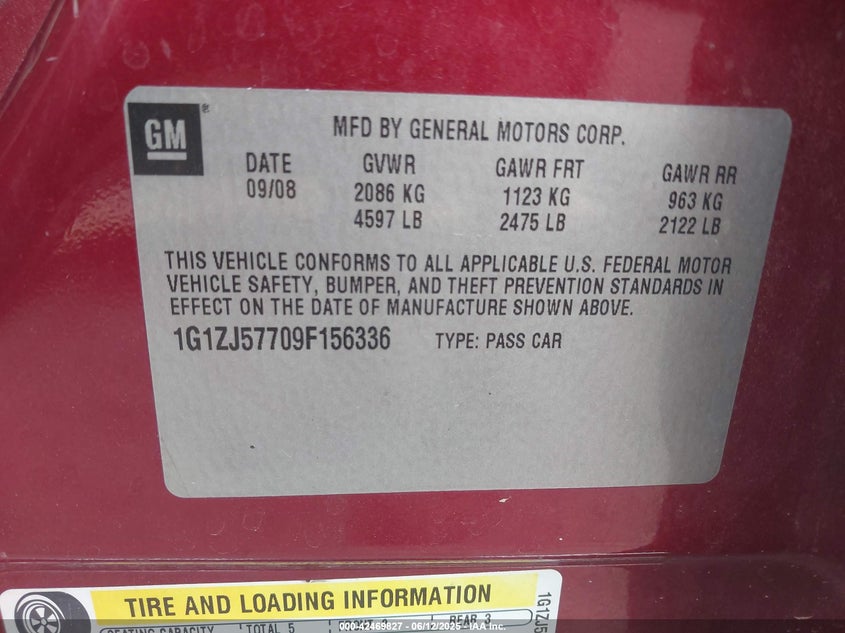 2009 CHEVROLET MALIBU VIN: 1G1ZJ57709F156336