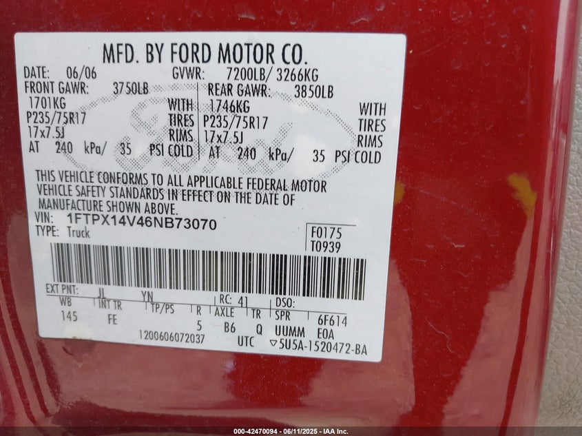 2006 FORD F150 VIN: 1FTPX14V46NB73070