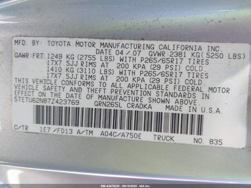 2007 Toyota Tacoma Prerunner Access Cab VIN: 5TETU62N67Z423799 Lot: 42470230