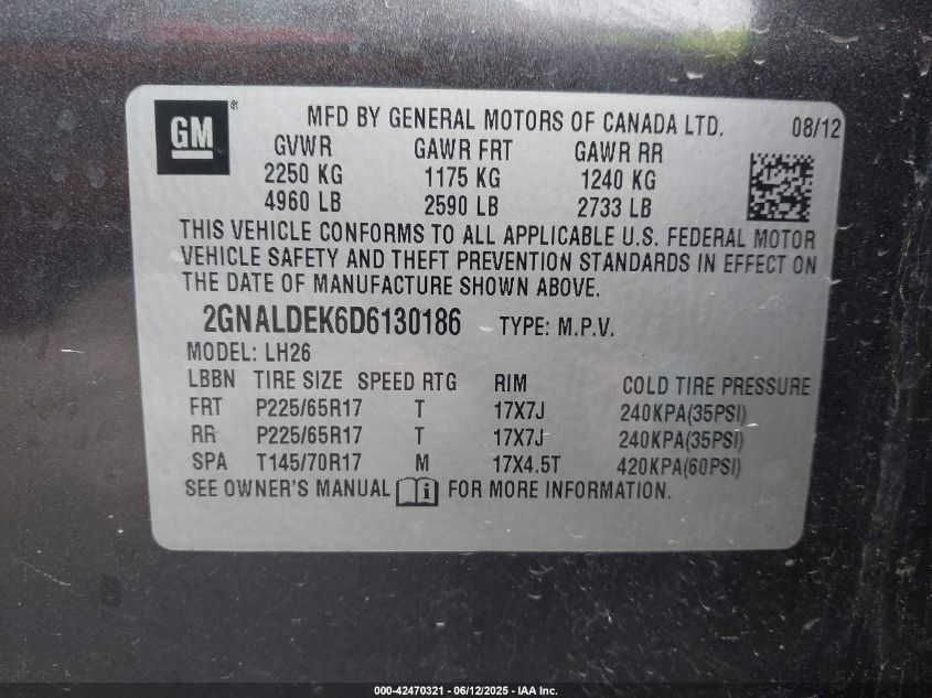 2013 Chevrolet Equinox 1Lt VIN: 2GNALDEK6D6130186 Lot: 42470321