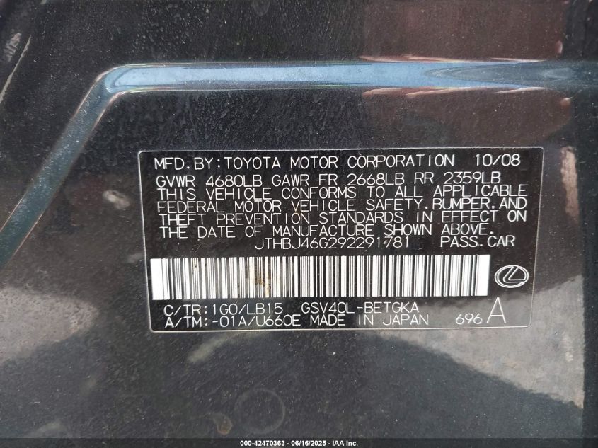 2009 Lexus Es 350 VIN: JTHBJ46G292291781 Lot: 42470363