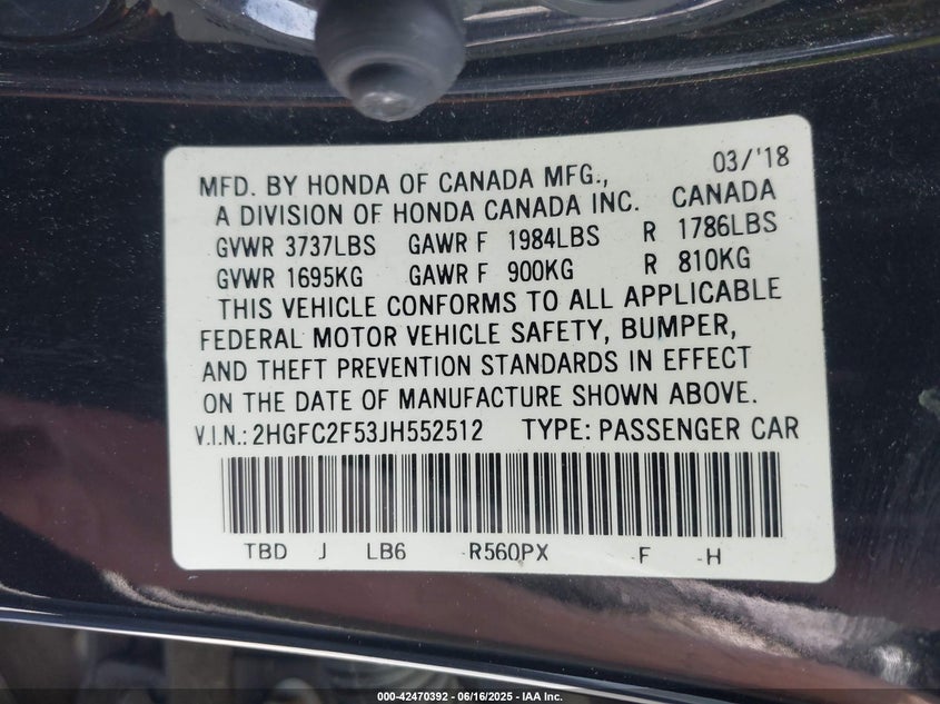 2018 HONDA CIVIC LX - 2HGFC2F53JH552512