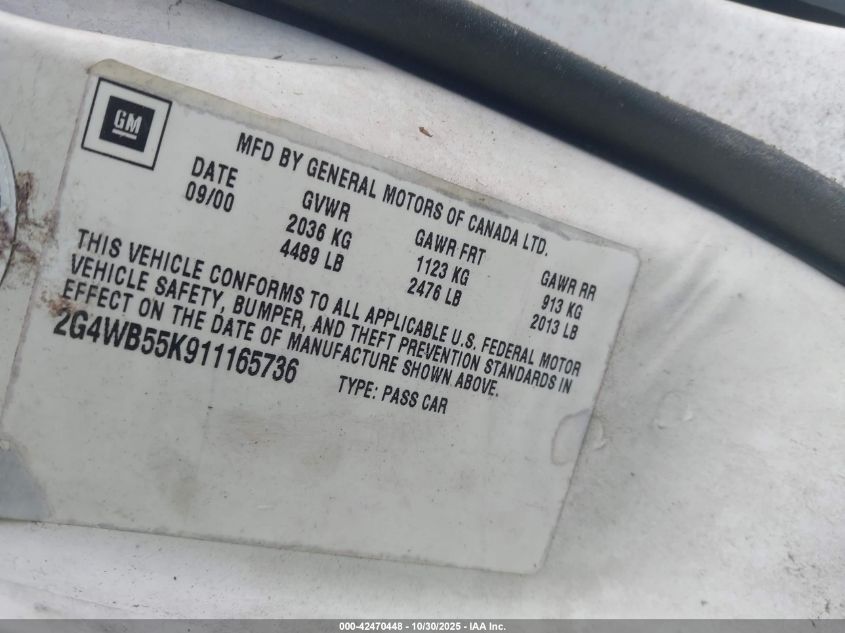 2001 Buick Regal Ls VIN: 2G4WB55K911165736 Lot: 42470448