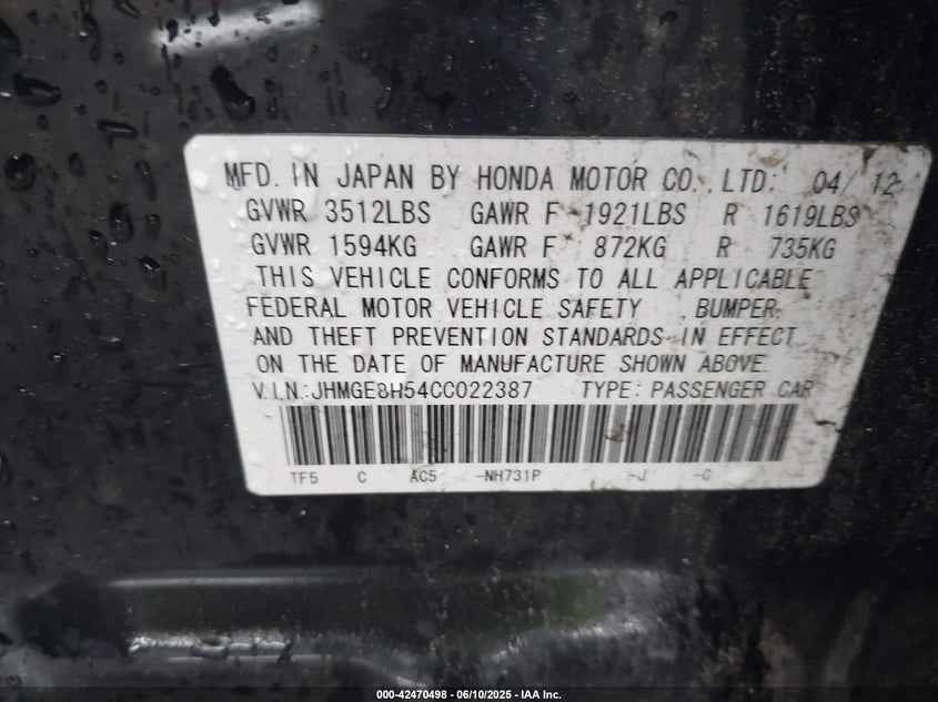2012 HONDA FIT VIN: JHMGE8H54CC022387
