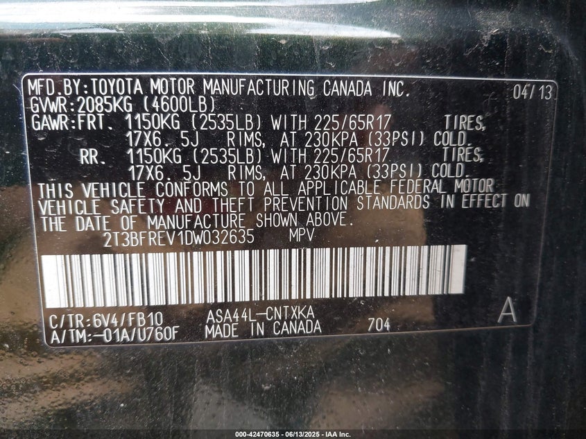2013 TOYOTA RAV4 VIN: 2T3BFREV1DW032635