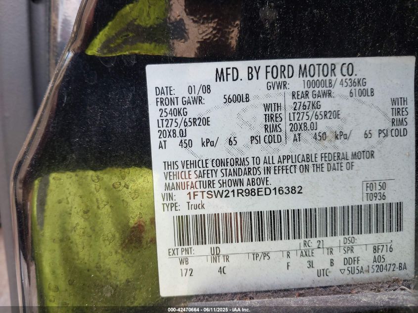 2008 Ford F-250 Fx4/Harley-Davidson/King Ranch/Lariat/Xl/Xlt VIN: 1FTSW21R98ED16382 Lot: 42470664