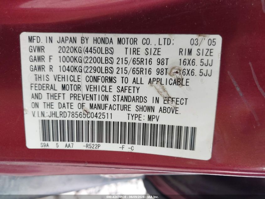 2005 Honda Cr-V Lx VIN: JHLRD78565C042511 Lot: 42470938