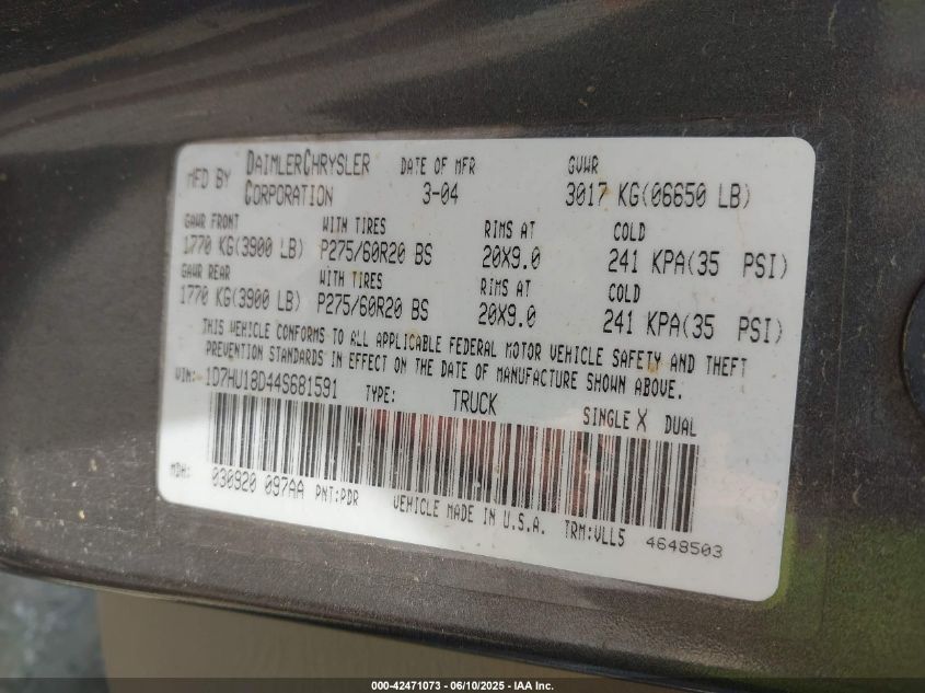 2004 Dodge Ram 1500 Slt/Laramie VIN: 1D7HU18D44S681591 Lot: 42471073