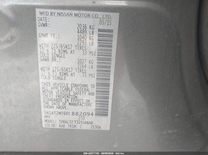 2015 NISSAN ROGUE VIN: 5N1AT2MT6FC8H2094