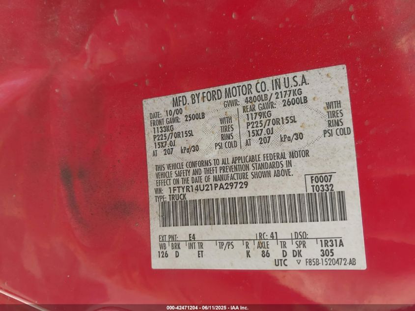 2001 Ford Ranger Edge/Xl/Xlt VIN: 1FTYR14U21PA29729 Lot: 42471204