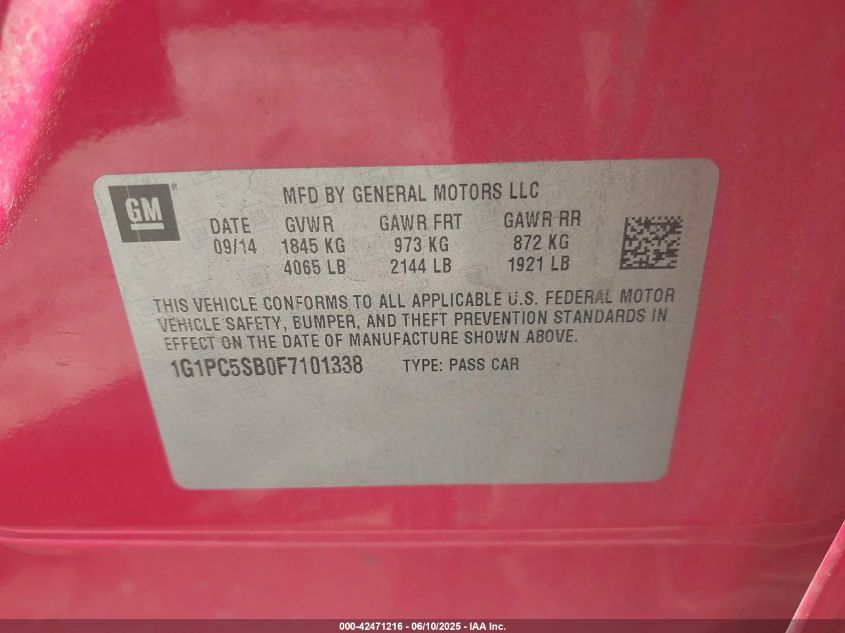 2015 Chevrolet Cruze 1Lt Auto VIN: 1G1PC5SB0F7101338 Lot: 42471216
