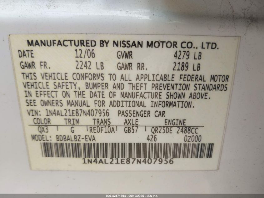 2007 Nissan Altima 2.5 S VIN: 1N4AL21E87N407956 Lot: 42471394