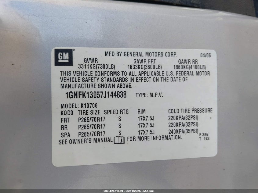 2007 Chevrolet Tahoe Ls VIN: 1GNFK13057J144838 Lot: 42471479