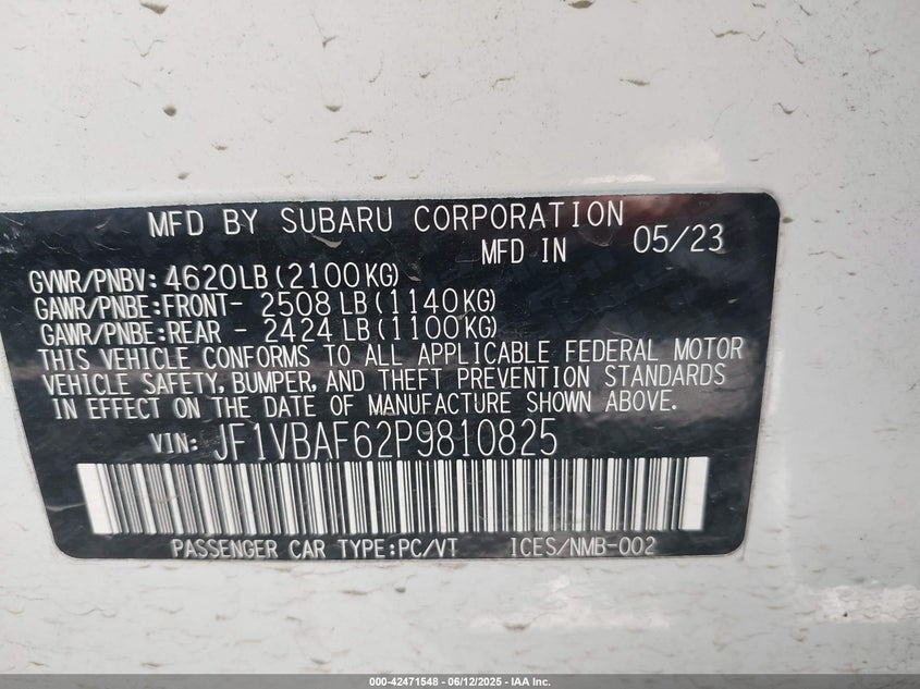 2023 Subaru Wrx Premium VIN: JF1VBAF62P9810825 Lot: 42471548
