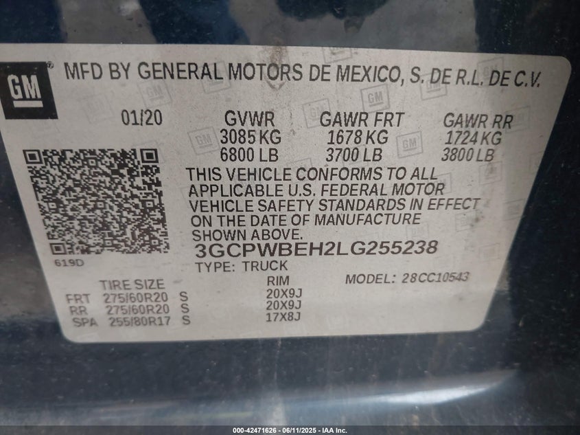 VIN 3GCPWBEH2LG255238 2020 CHEVROLET SILVERADO 1500