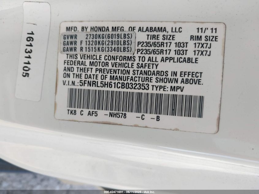 2012 Honda Odyssey Ex-L VIN: 5FNRL5H61CB032353 Lot: 42471691