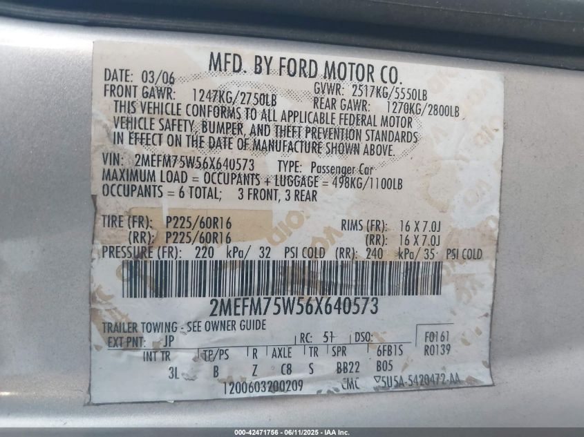 2006 Mercury Grand Marquis VIN: 2MESM75W56X640573 Lot: 42471756