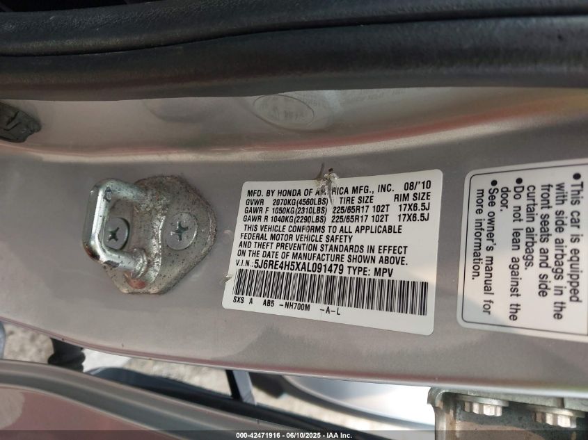 2010 Honda Cr-V Ex VIN: 5J6RE4H5XAL091479 Lot: 42471916