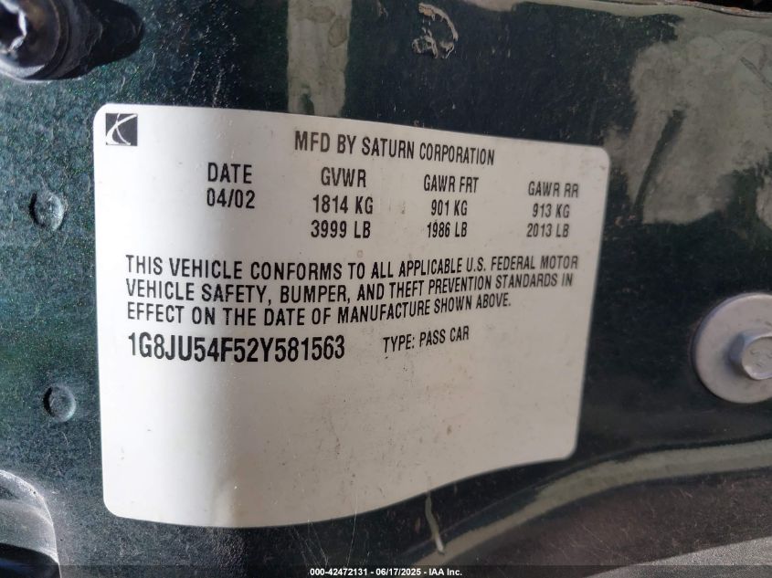 2002 Saturn L200 VIN: 1G8JU54F52Y581563 Lot: 42472131