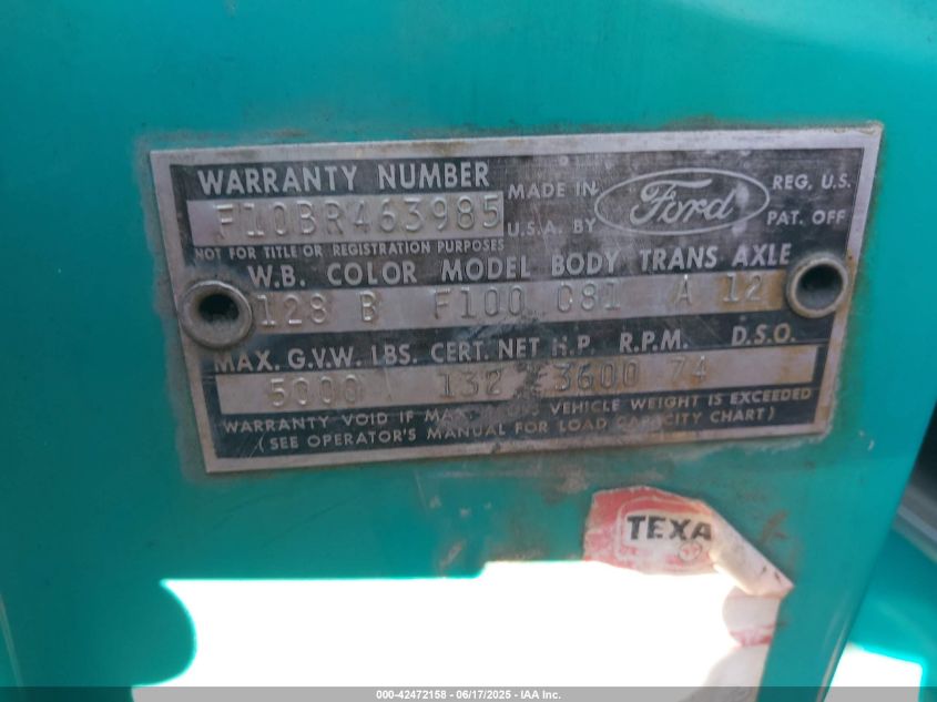 1964 Ford Truck VIN: F10BR463985 Lot: 42472158