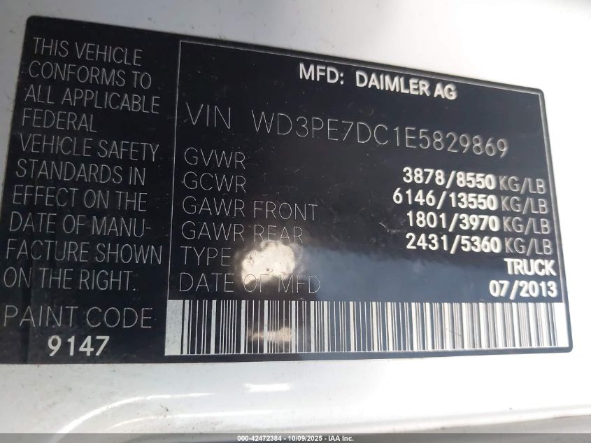 2014 Mercedes-Benz Sprinter 2500 Normal Roof VIN: WD3PE7DC1E5829869 Lot: 42472384