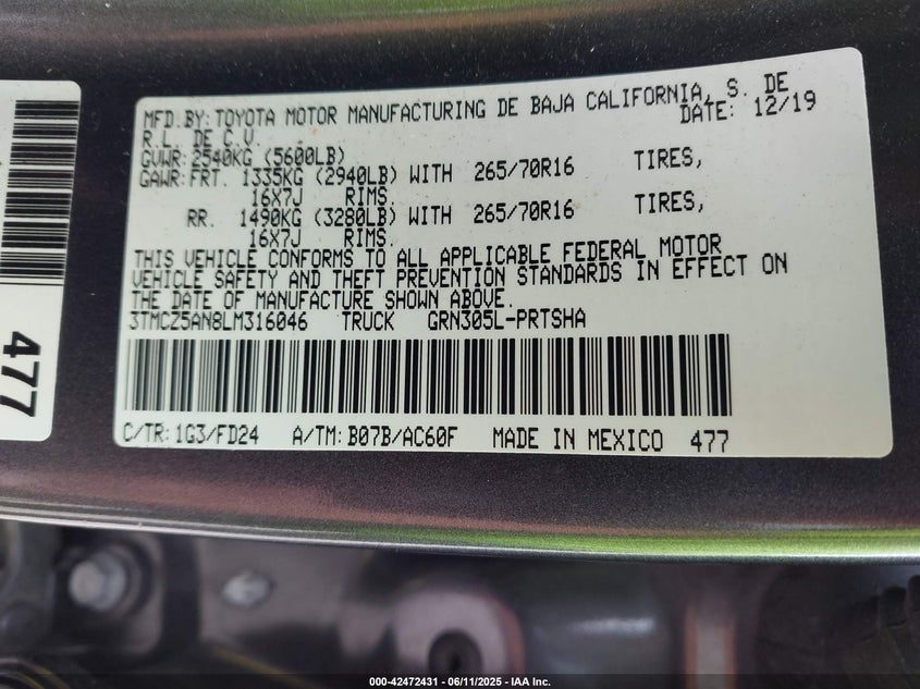 2020 TOYOTA TACOMA VIN: 3TMCZ5AN8LM316046