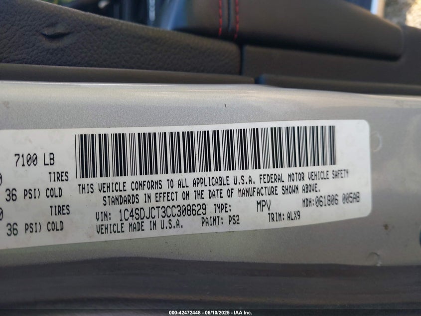 2012 DODGE DURANGO VIN: 1C4SDJCT3CC308629