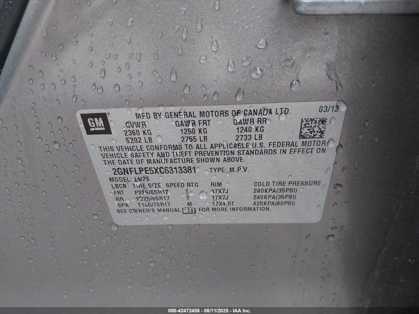 2012 CHEVROLET EQUINOX VIN: 2GNFLPE5XC6313381