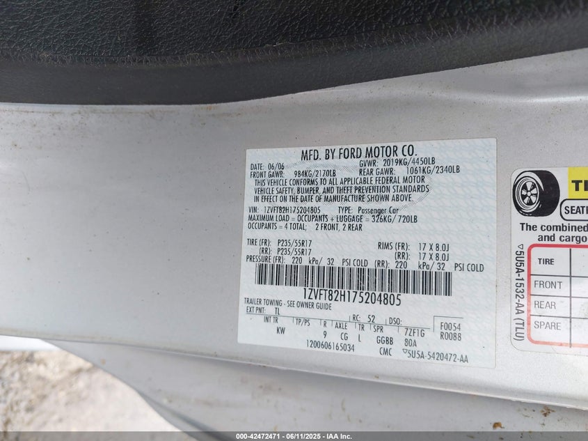 2007 FORD MUSTANG VIN: 1ZVFT82H175204805