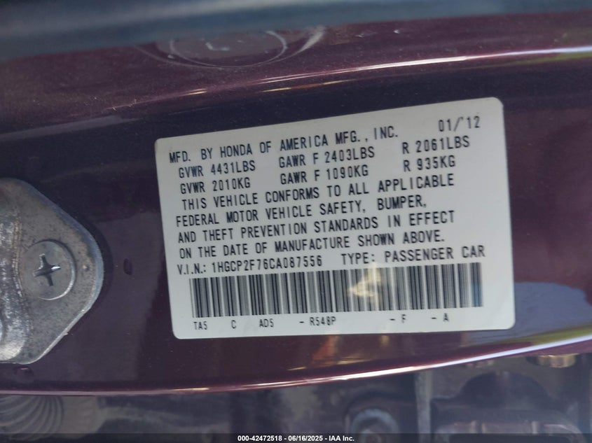 2012 Honda Accord 2.4 Ex VIN: 1HGCP2F76CA087556 Lot: 42472518