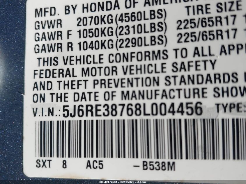 2008 Honda Cr-V Ex-L VIN: 5J6RE38768L004456 Lot: 42472531