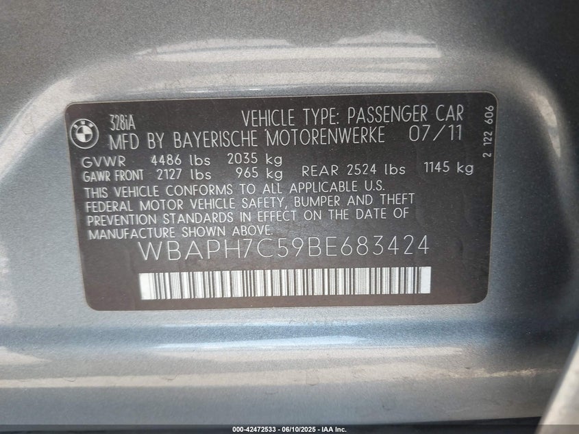 2011 BMW 328 VIN: WBAPH7C59BE683424