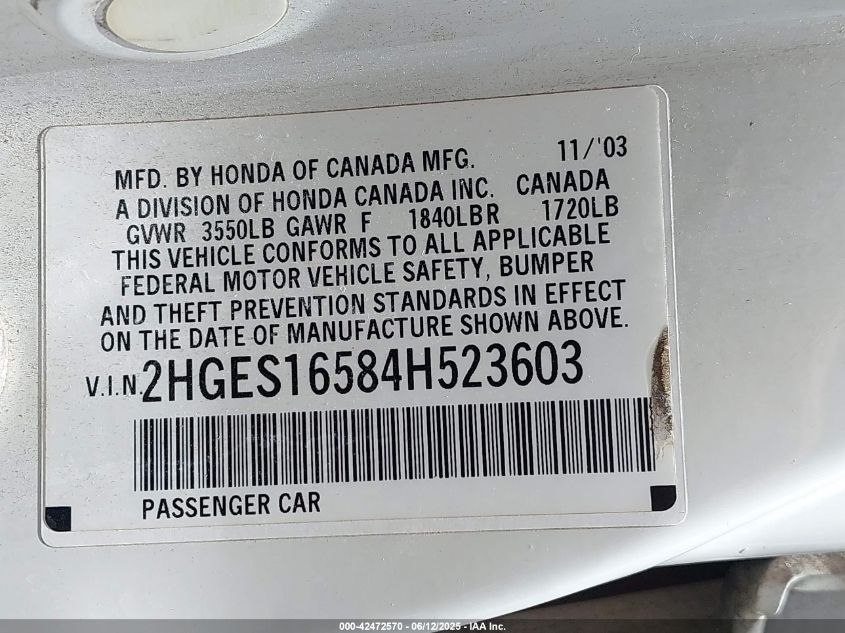 2004 Honda Civic Lx VIN: 2HGES16584H523603 Lot: 42472570
