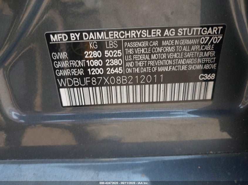 2008 MERCEDES-BENZ E VIN: WDBUF87X08B212011